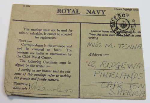 Royal Navy registered envelope posted at sea to Pinelands, South Africa