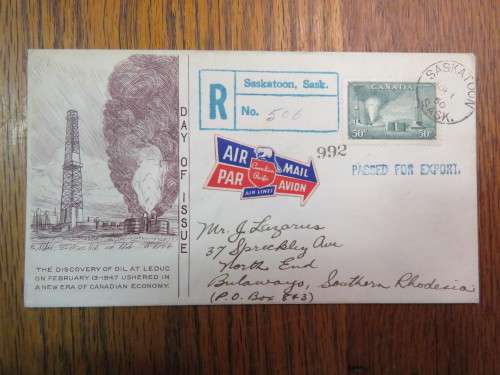Postal Cover Saskatoon, Canada to Bulawayo, Southern Rhodesia with 50c Canada stamp cancelled