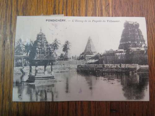 Postcard Pondicherry to Cape Town with 6x french colony stamps cancelled 30 November 1927 - RARE