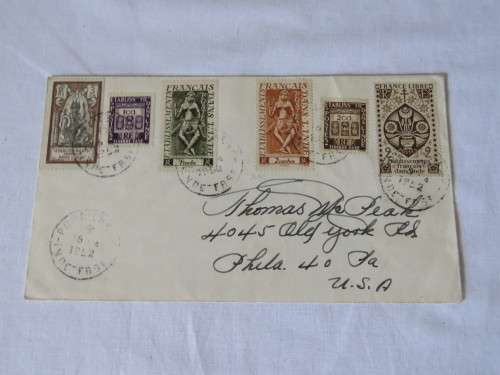 1952 Cover French Indian Settlements to USA with 6x French Indian Settlement stamps