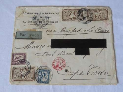 Indochina 1933 cover airmail via Bagdad and Cairo to Cape Town - With red air control rubber stamp