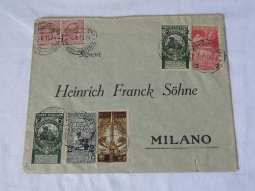 Italian postal item dated 6-8-13 with 7 Italian stamps with Milano arrival mark at the back
