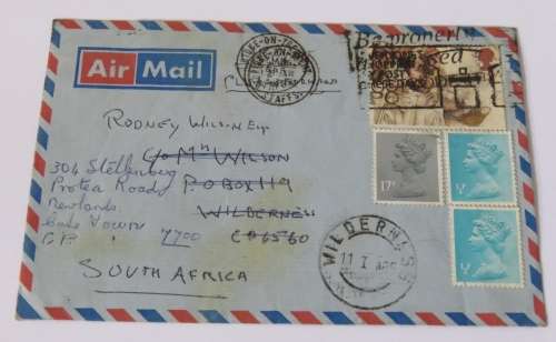 Airmail letter sent from Stoke On Trent, England to Wilderness, South Africa