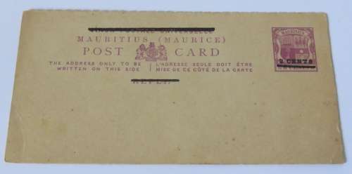 Unused antique Mauritius postcard with 6 cent printed stamp overprinted 2 cent