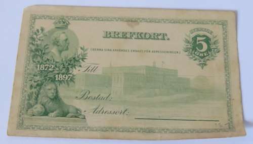 1897 Sweden Brefkort ( Letter Card) unused with light damage - 5 ORE printed stamp