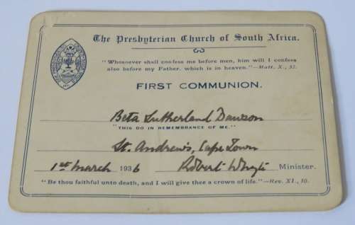 Presbyterian Church - First Communion card 1936