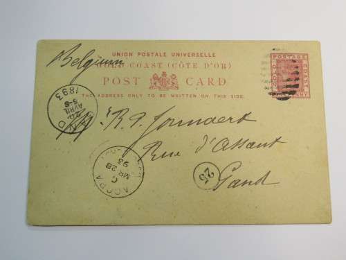 1893 Postcard Gold Coast to Belgium with 25 rubber stamp