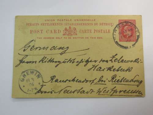 1904 Postcard Singapore to Gnewin, Poland on Straits Settlements pre-printed postcard
