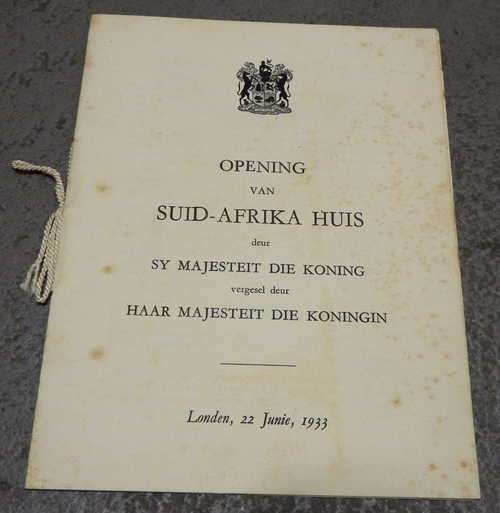 Opening of South Africa House by His Majesty the King 22 June 1933 guest programme