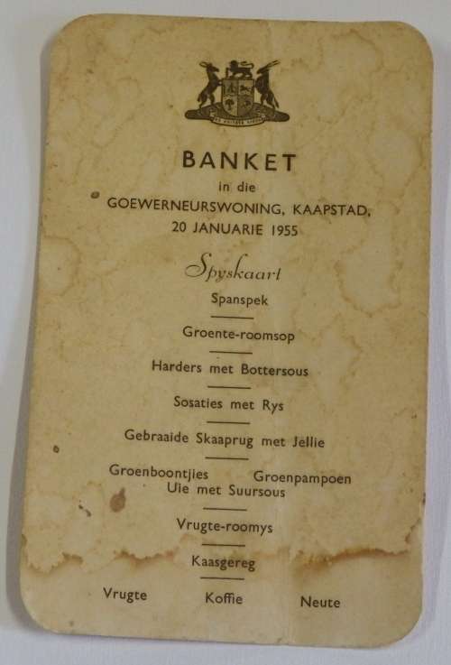 Banket in die Goewerneurswoning, Kaapstad, 20 Januarie 1955 Spyskaart