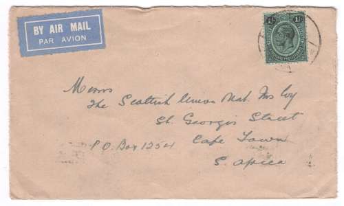 Airmail cover from Nyasaland to Cape Town, South Africa - 1934