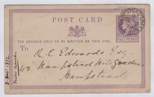 Internal post card sent in Hamstead, London with Hamstead Green 3 dec 1872 cancellation
