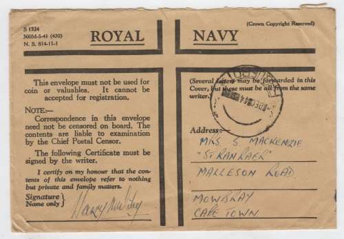 Royal Navy cover sent from Paquebot England to Mowbray, South African with Paquebot cancellation