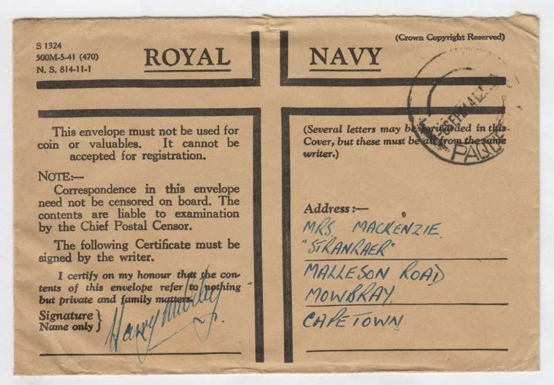 Royal Navy envelope sent from postal boat Paquebot France to Mowbray, South Africa