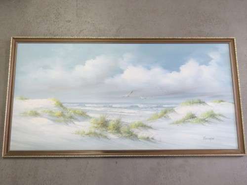 Oil painting on board by Remington - With frame: 128cm x 67cm, Without frame: 121cm x 59cm