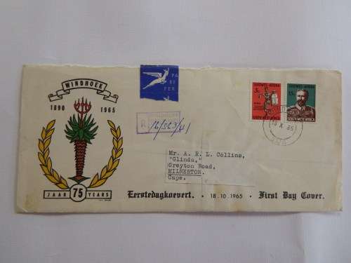 South West Africa 1965 Windhoek anniversary stamps - SACC 227 and 228 on first day cover