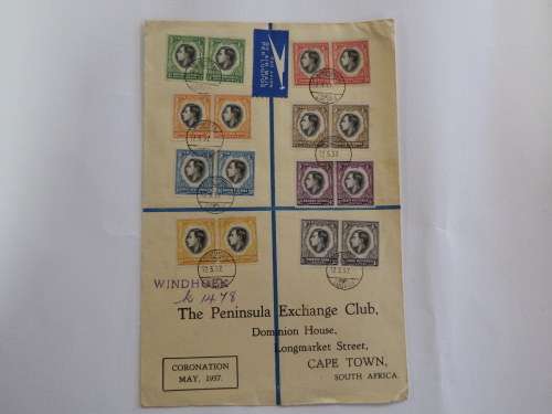 South West Africa Coronation of George 6 stamps on First day cover - Windhoek cancellation