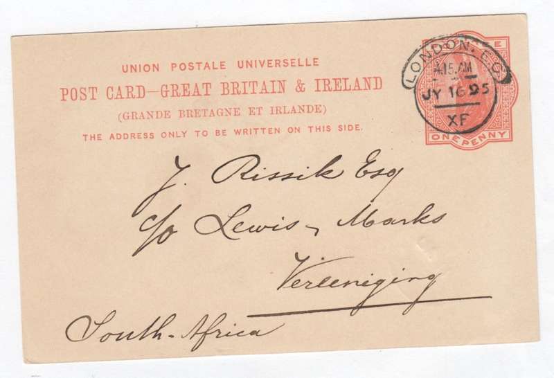 Postal stationery cover send from London to Vereeniging, South Africa