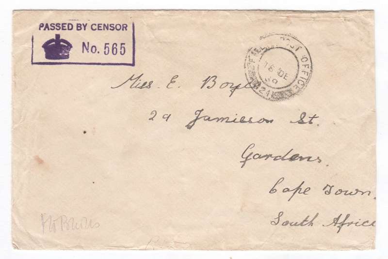 War time censored cover sent from Field camp 21 England to Cape Town South Africa