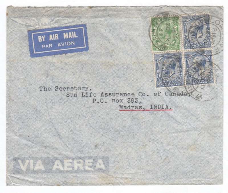 Cover send from London to Madras, India by Air Mail with 4 British Stamps