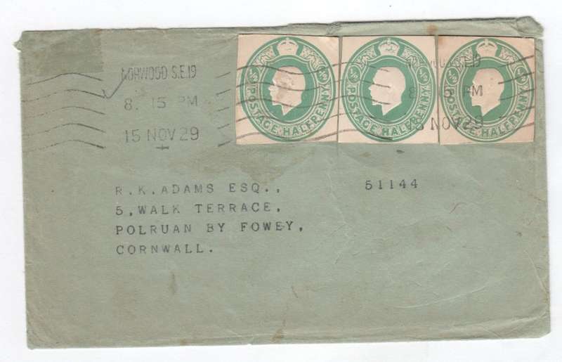 Postal Stationery used on cover - sent from Norwood, Uk to Cornwell, UK