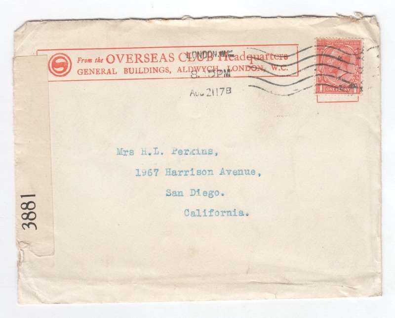 WWI Censored cover with enclosed letter send from London to San Diego, California