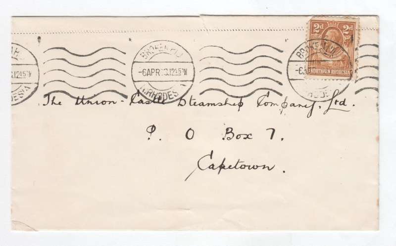 Postal cover from Broken Hill Norther Rhodesia to Union Castle Steamship Company Cape Town