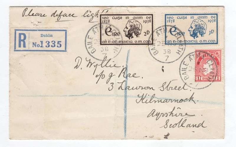 Baile Atha Cliath, Ireland cover sent to Ayrshire, Scotland with 3 Irish stamps & Dublin R No. 1335
