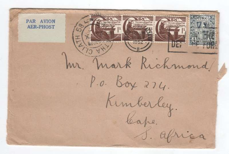 Baile Atha Cliath, Ireland cover sent to Kimberley, South Africa by Air Mail with 4 Irish stamps