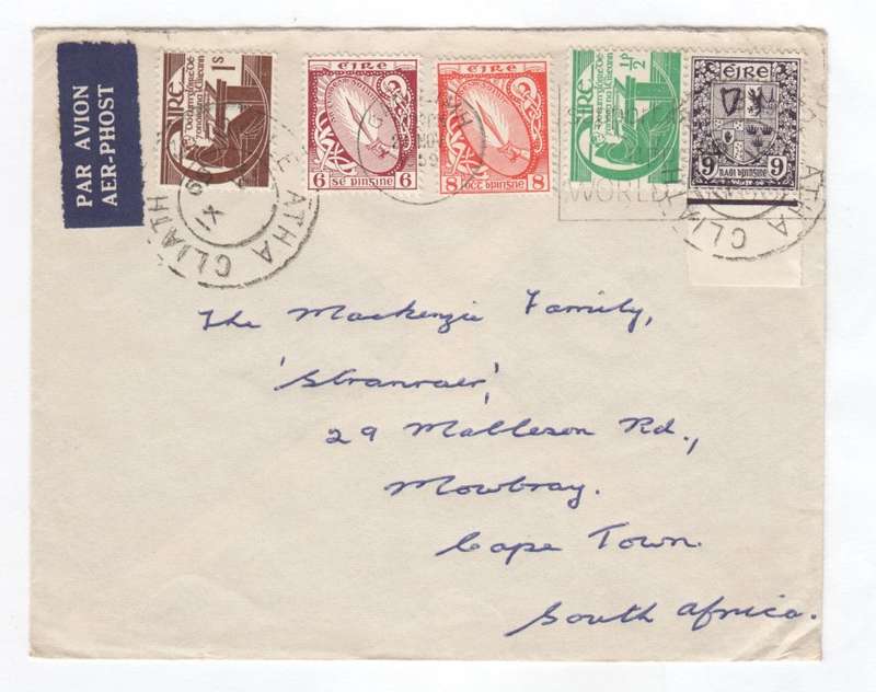 Old Airmail cover sent from Baile Atha Cliath, Ireland to Cape Town, South Africa via Gaillimh
