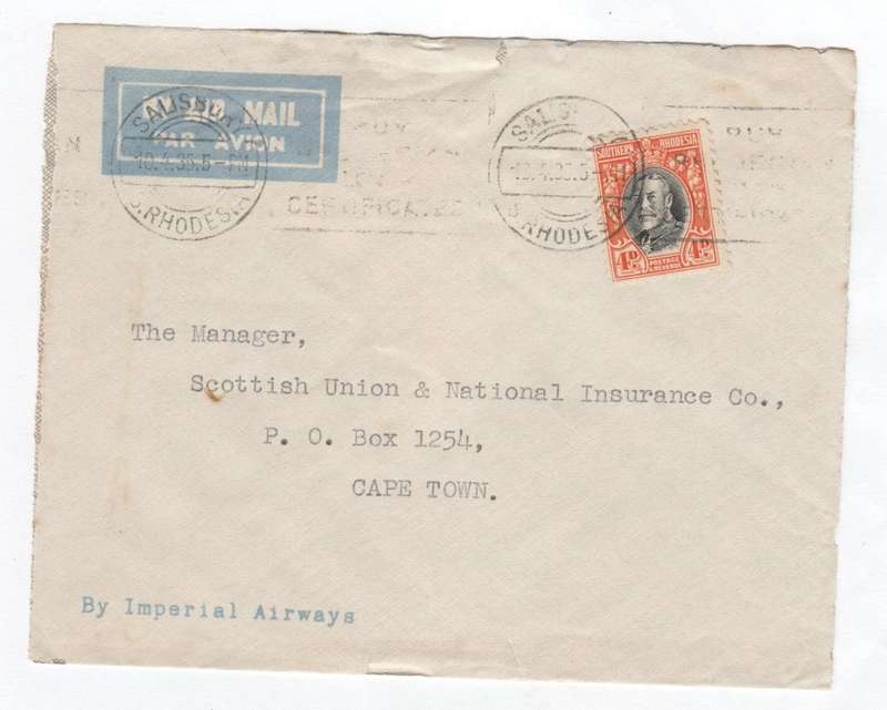 Salisbury, Southern Rhodesia cover sent to Cape Town, South Africa with Southern Rhodesia stamp