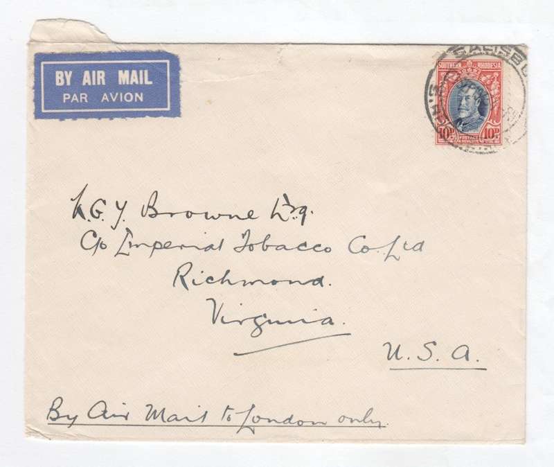 Salisbury, Southern Rhodesia cover sent to Virginia, U.S.A. by Air Mail with Southern Rhodesia stamp