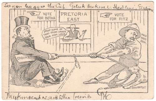 20 Sept 1910 Election postcard from Middelburg Transvaal to Adelaide (EC) - Louis Botha cartoon