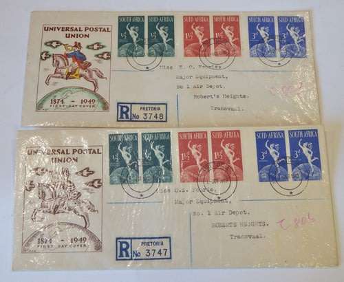 SACC 127 - SACC 129 on Universal Postal Union first day covers - One normal and one coloured