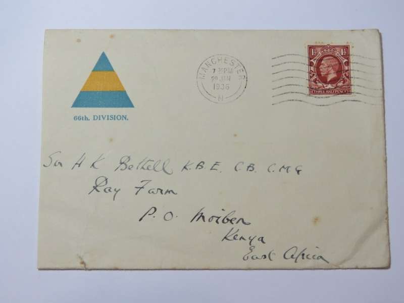 Postal cover from Manchester, England to Moiben, Kenya 29 Jan 1936 on 66th division envelope