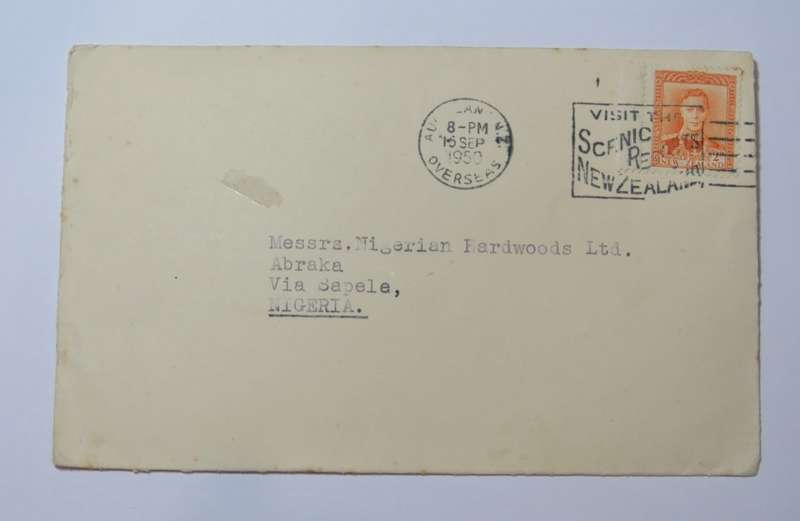 1950 Cover with 2nd New-Zealand stamp posted from Auckland to Abraka, Nigeria