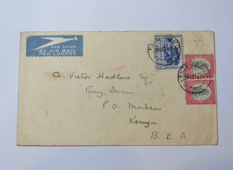 Airmail cover from Ficksburg, South Africa to Moiben, Kenya - 28 October 1935 with 4 cancels