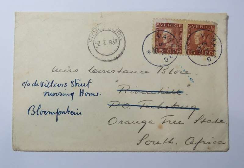 2 Jan 1937 cover Varberg, Sweden to Ficksburg, South Africa - Redirected to Bloemfontein