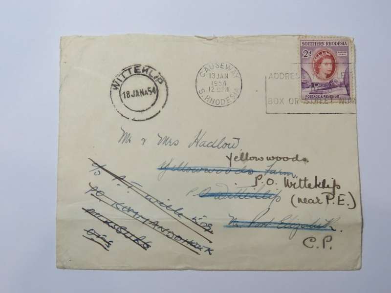 Cover from Causeway, Southern Rhodesia 13 Jan 1954 to Witteklip, South Africa