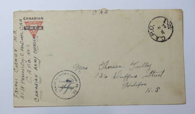 Military censored envelope on Canadian YMCA stationery posted to Halifax with CAPO dispatch cancel