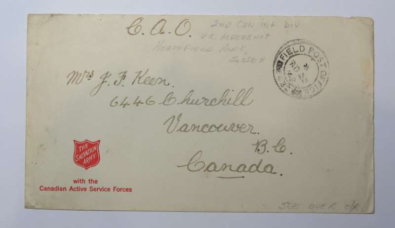 WW2 cover from 2nd Canadian INF. DIV Essex to Vancouver, Canada on Salvation Army Stationery