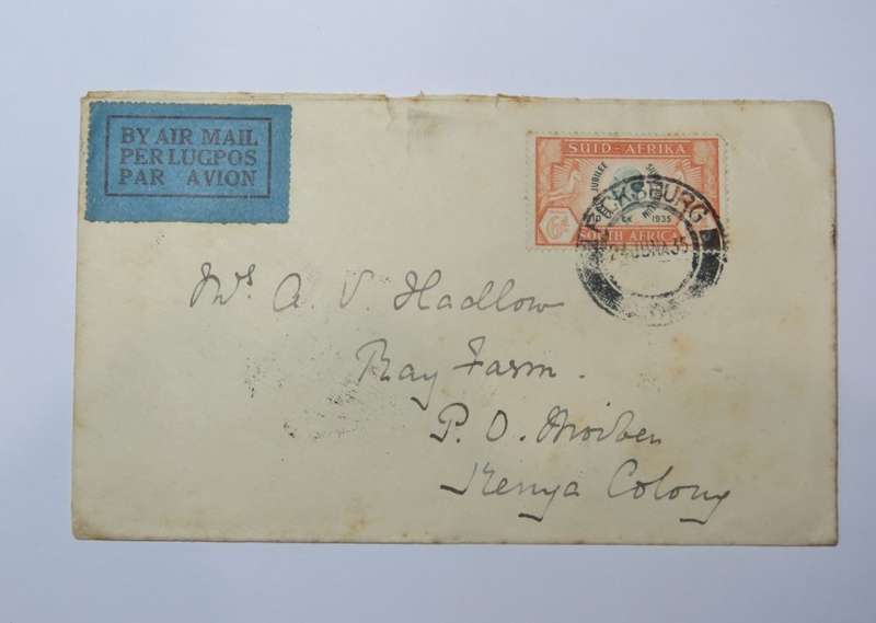 Airmail cover from Ficksburg, South Africa to Moiben, Kenya with 3 x arrival cancels