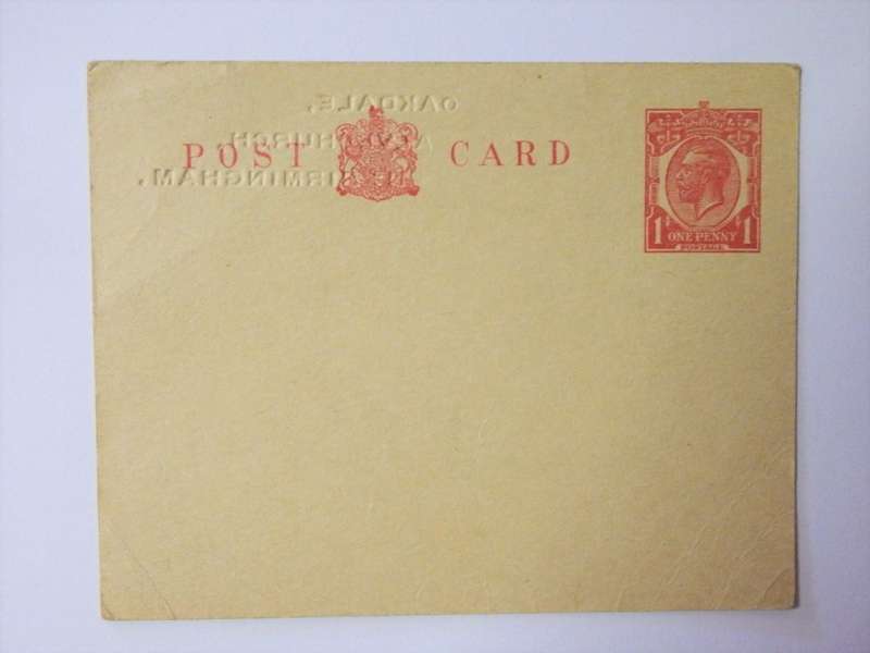Great Britain postcard with pre-printed George 5 1d stamp -Embossed OAKDALE ALVECHURCH N: BIRMINGHAM