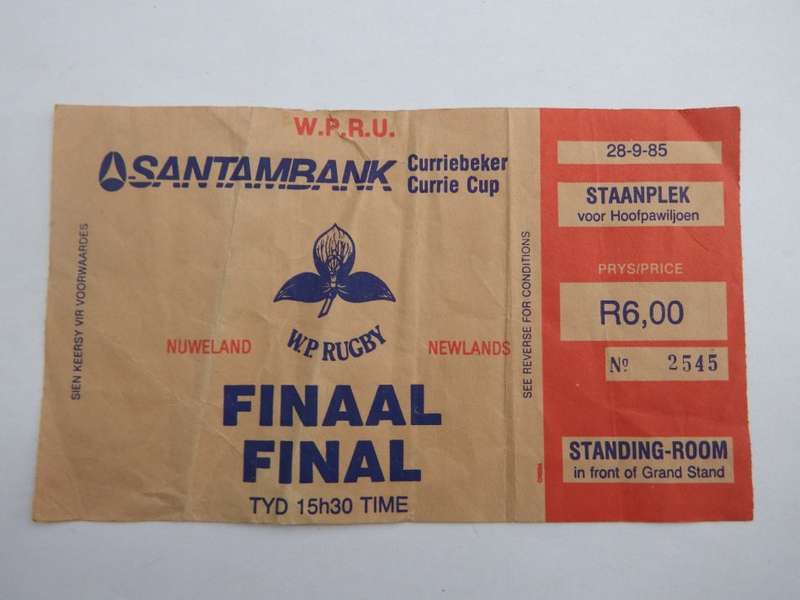 Santambank Currie Cup final ticket stub - WP Rugby Newlands - 28 September 1985
