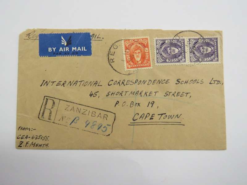 Registered letter from Zanzibar to Cape Town - 1 May 1956 with Zanzibar 10 cent