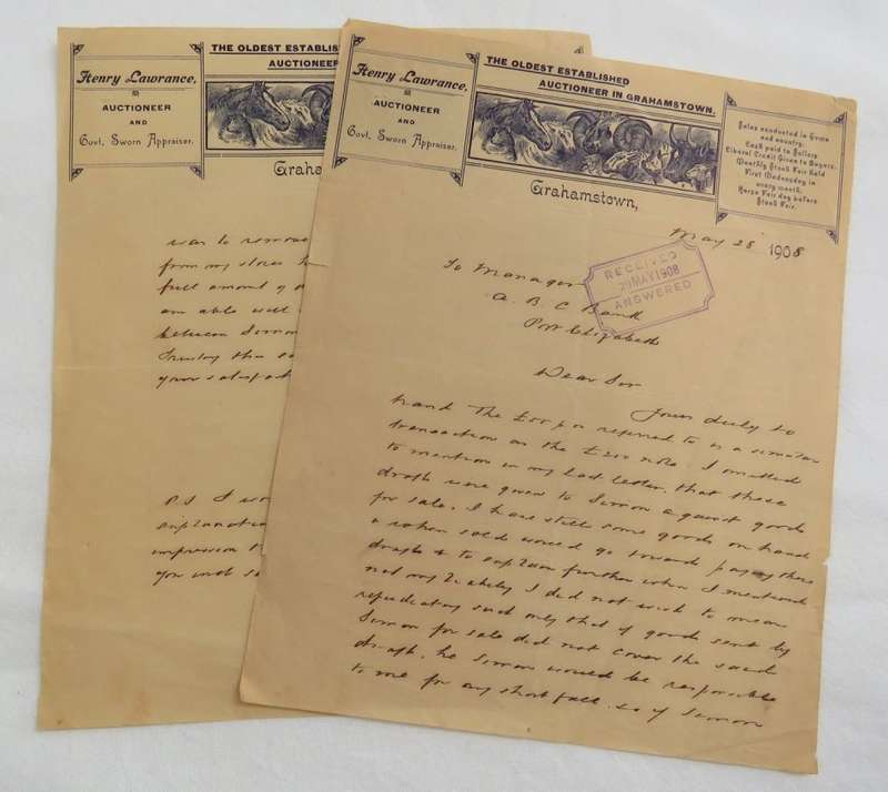 1908 Letter from Henry Lawrence - Auctioneer in Grahamstown to ABC bank - Port Elizabeth