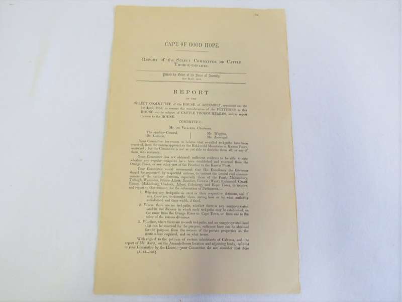 Cape of Good Hope 1858 Report on Cattle thoroughfares and trekpathes by the select committee