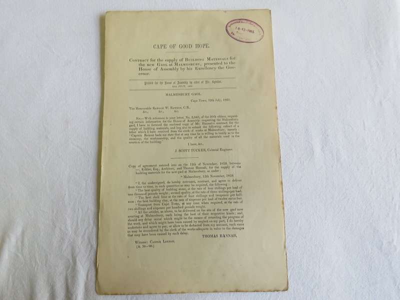 1860 Cape of Good Hope contract for the supply of building materials for the new gaol at Malmesbury