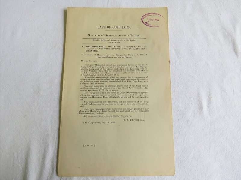 1860 Cape of Good Hope application for higher pension by H.A. Truter former government employee