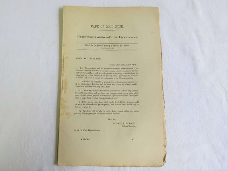 1858 Cape of Good Hope correspondence relative to cattle thoroughfares